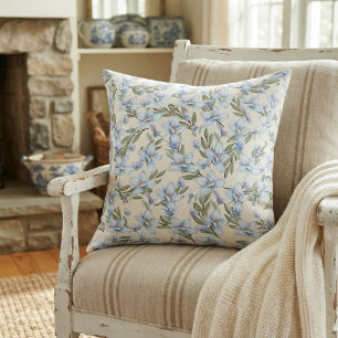 Eleganter Vintage-Stil Blaue Blumen & Grüne Blätte Kissen