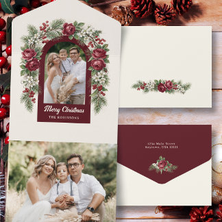 Eleganter Vintage-Weihnachts-Blumenbogen-Foto All In One Einladung