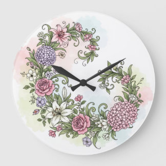 Eleganter vintagehafter Blumenkranz mit rosa Rosen Große Wanduhr