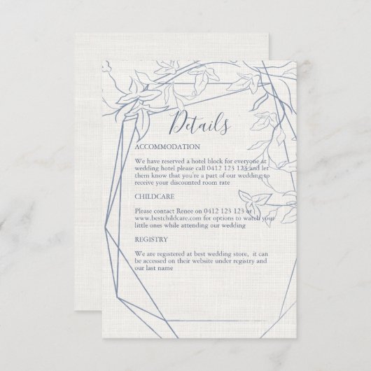 Eleganter Vintager blauer Rahmen | Linen Wedding Begleitkarte (Vorne/Hinten)