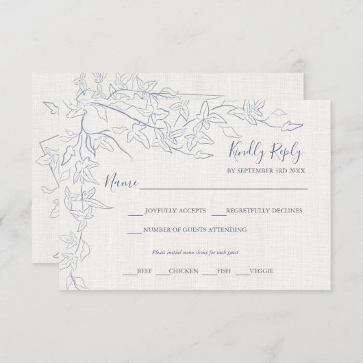Eleganter Vintager blauer Rahmen | Linen Wedding RSVP Karte (Vorne/Hinten)