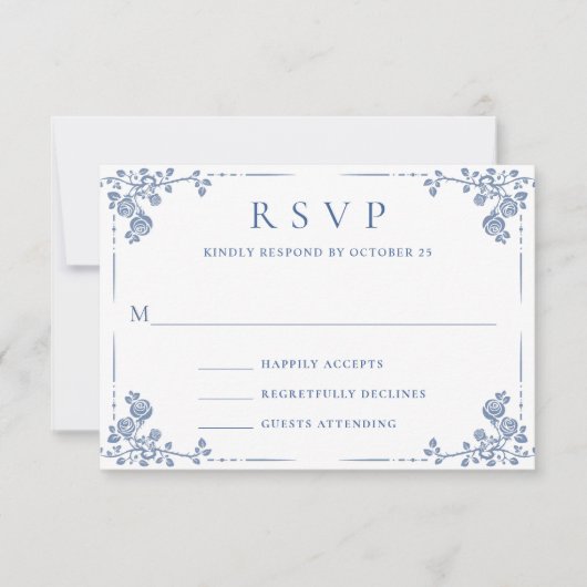 Eleganter Vintager Blue French Garden RSVP Karte (Vorderseite)
