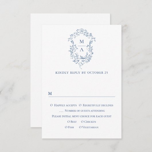 Eleganter Vintager Blue French Garden RSVP Karte (Vorne/Hinten)