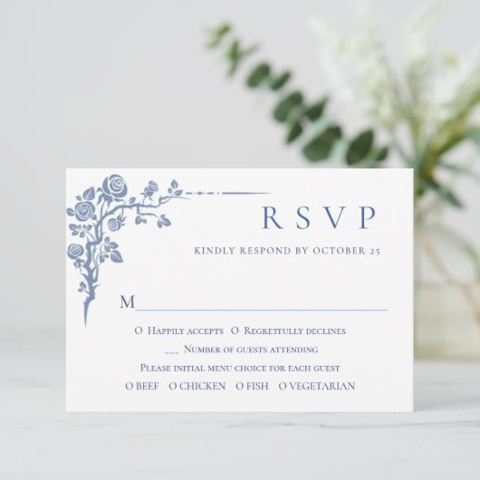 Eleganter Vintager Blue French Garden RSVP Karte (Stehend Vorderseite)