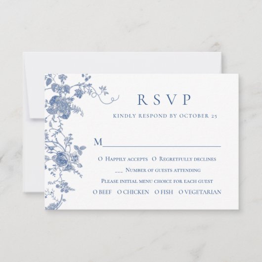 Eleganter Vintager Blue French Garden RSVP Karte (Vorderseite)