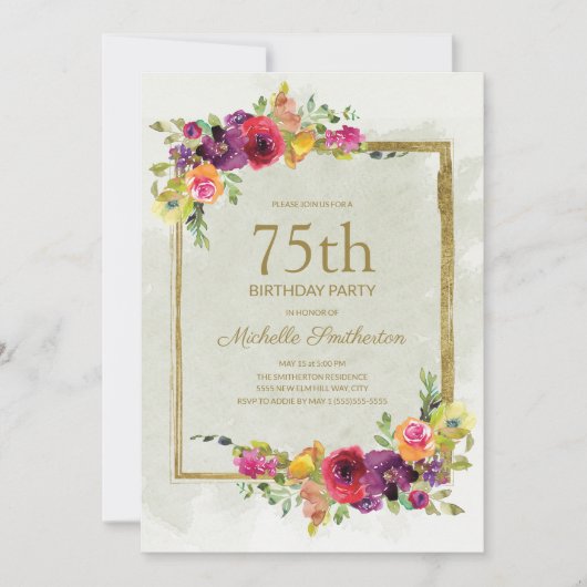 Eleganter Vintager Blumenfrauen 75. Geburtstag Einladung (Vorderseite)