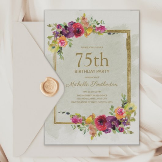 Eleganter Vintager Blumenfrauen 75. Geburtstag Einladung