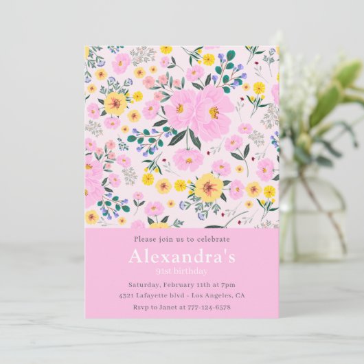 Eleganter Vintager Blumenrosa 91. Geburtstag Einladung (Stehend Vorderseite)