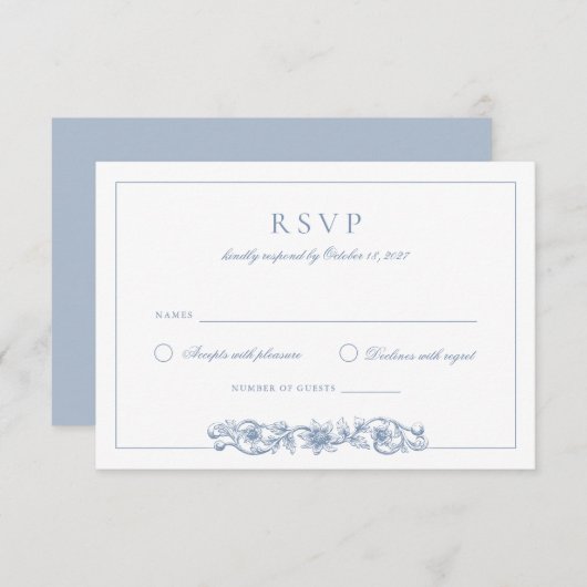 Eleganter Vintager Blumenstrauß Blue Wedding RSVP Einladung (Vorne/Hinten)