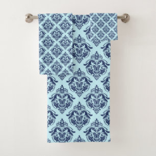 Eleganter Vintager Damast aus Marineblau auf hellb Badhandtuch Set