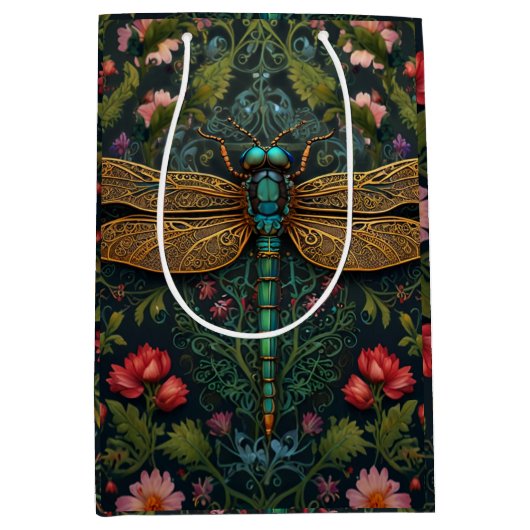 Eleganter Vintager Libellenboho botanisch Mittlere Geschenktüte (Vorderseite)