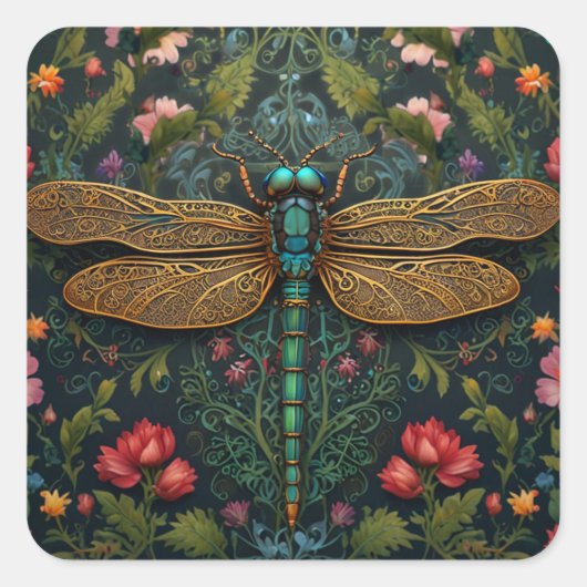 Eleganter Vintager Libellenboho botanisch Quadratischer Aufkleber (Vorderseite)