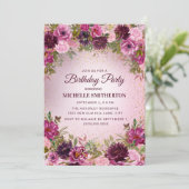 Eleganter Vintager, Lila Rosa Rose Glitzer Einladung (Stehend Vorderseite)