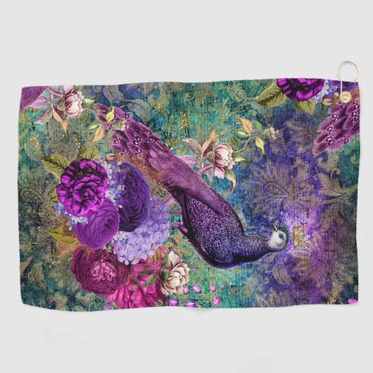 Eleganter Vintager Pfau Lila Aquamarin Golfhandtuch (Horizontal)