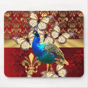 Eleganter Vintager Pfau und roter Damast Mousepad
