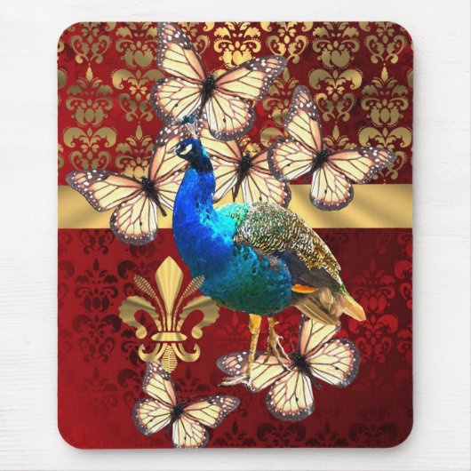 Eleganter Vintager Pfau und roter Damast Mousepad (Vorne)
