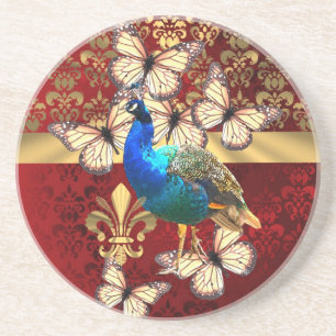 Eleganter Vintager Pfau und roter Damast Sandstein Untersetzer