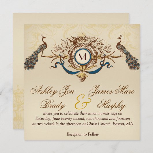 Eleganter Vintager Pfauenplatz Einladung zur Hochz (Vorne/Hinten)