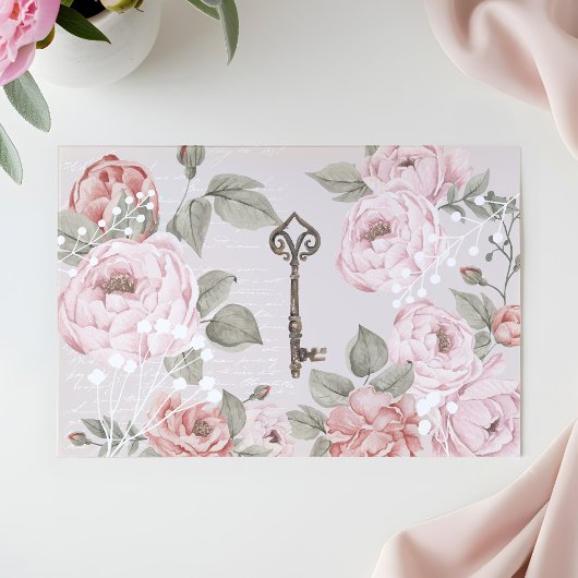 Eleganter Vintager Pink Peony Blossom Schlüssel En Seidenpapier