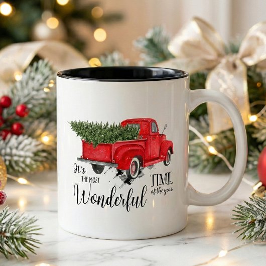 Eleganter Vintager Red Truck Script Weihnachtsbaum Zweifarbige Tasse