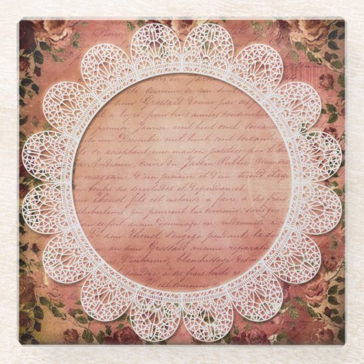Eleganter Vintager Rose- und Spitzenglas-Untersetz Glasuntersetzer (Vorderseite)