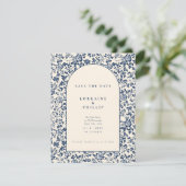 Eleganter Vintager Stil mit blauen und cremefarben Save The Date (Stehend Vorderseite)