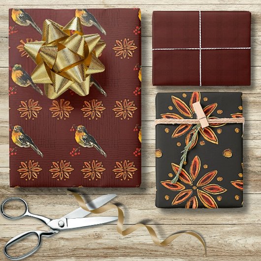 Eleganter Vintager Stil Vögel Weihnachten Poinsett Geschenkpapier Set