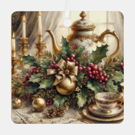 Eleganter Vintager Teekessel und Weihnachtsblumen Ornament Aus Metall