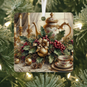 Eleganter Vintager Teekessel und Weihnachtsblumen Ornament Aus Metall