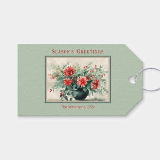 Eleganter Vintager Winter Floral Holiday Geschenkanhänger (Vorderseite (Horizontal))