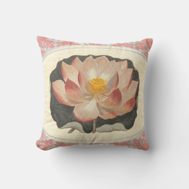 Eleganter Vintager Yoga Lotus Blossom Peach Damask Kissen (Vorderseite)