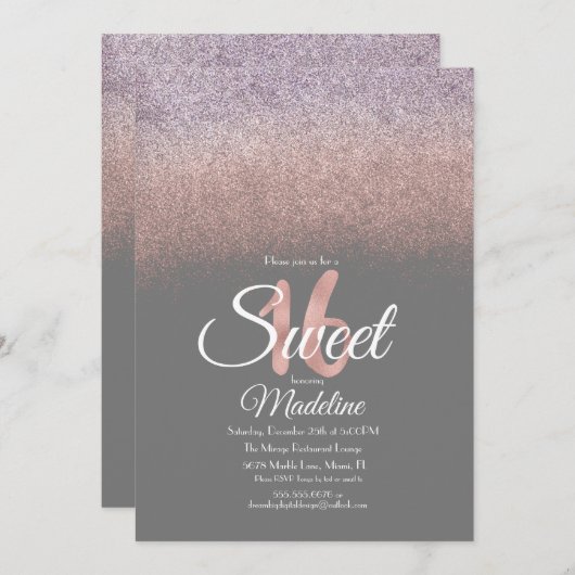 Eleganter Violet Blush Pink Ombre Glitzer Sweet 16 Einladung (Vorne/Hinten)
