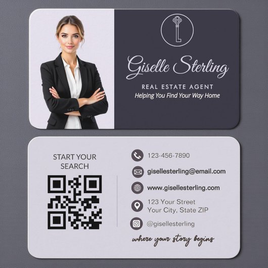 Eleganter violetter Makler-QR-Code Visitenkarte