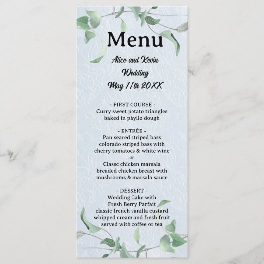 Eleganter violetter Zweig auf himmelblauem Hinterg Menükarte (Vorderseite)