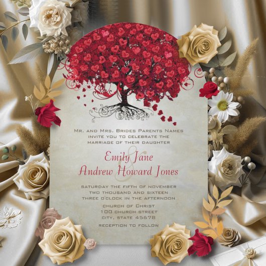 Eleganter Wald Red Heart Leaf Tree Wedding Einladu Einladung