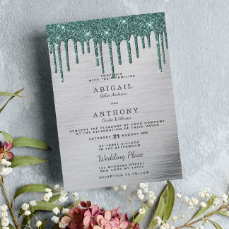 Eleganter, waldgrüner Glitzer Tropfen Hochzeit Einladung