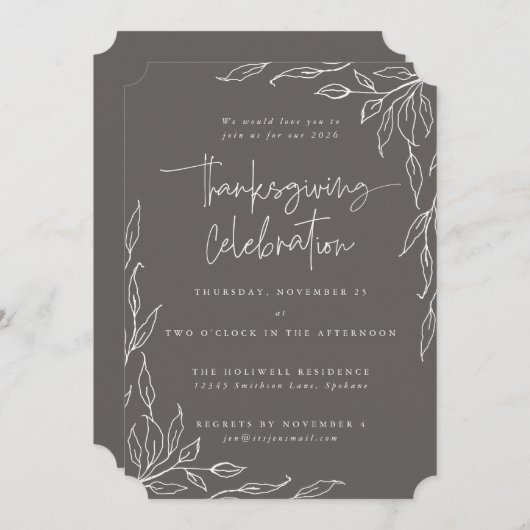 Eleganter Warm Gray Modern Leaf Motif Erntedank Einladung (Vorne/Hinten)