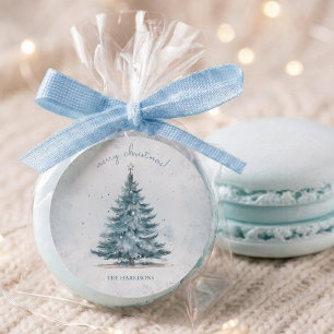 Eleganter Wasserfarben-Blau-Silber-Weihnachtsbaum Runder Aufkleber