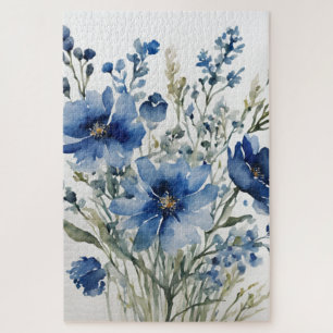 Eleganter Wasserfarben- Blumenstrauß stilvoll blau Puzzle