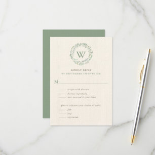 Eleganter Wasserfarben-Grünkränze-Monogramm mit Ma RSVP Karte