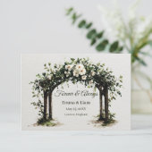 Eleganter Wasserfarben-Hochzeitsbogen mit weißen B Save The Date (Stehend Vorderseite)