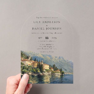 Eleganter Wasserfarben-Lake-Como-Italienische-Hoch Acryleinladungen