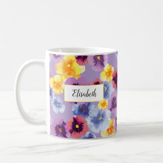 Eleganter Wasserfarben Pansy Personalisiert Lavend Kaffeetasse (Links)