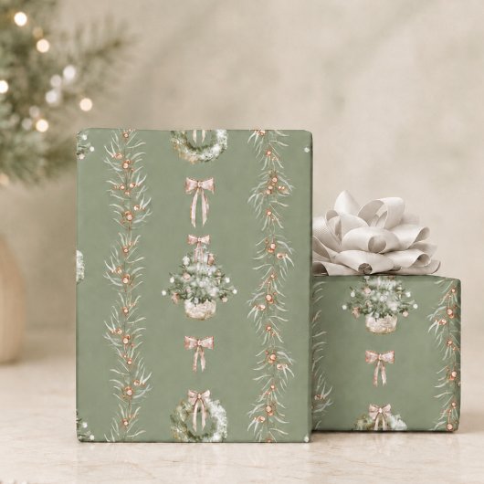 Eleganter Wasserfarben-Salbei-Weihnachtskranz Geschenkpapier