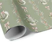Eleganter Wasserfarben-Salbei-Weihnachtskranz Geschenkpapier (Rolleneckpunkt)