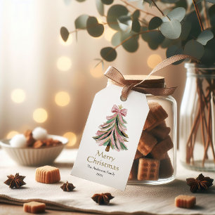 Eleganter Wasserfarben-Weihnachtsbaum in Rosa und Geschenkanhänger