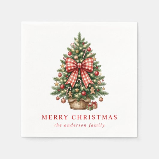 Eleganter Wasserfarben-Weihnachtsbaum mit rotem Gi Serviette (Vorderseite)