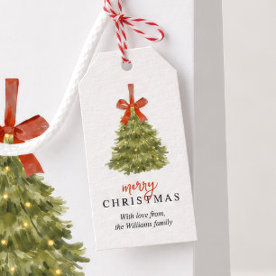 Eleganter Wasserfarben-Weihnachtsbaum mit roter Sc Geschenkanhänger