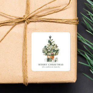 Eleganter Wasserfarben-Weihnachtsbaum Quadratischer Aufkleber