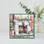 Eleganter Wasserfarben Weihnachtsfeuer außerhalb d Feiertagskarte (Stehend Vorderseite)
